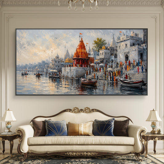 Banaras Ghat Premium Canvas Painting - Canvas Wall Art | Decor By Neon