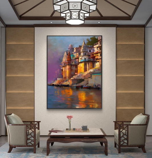 Banaras Ghat Premium Canvas Painting - Canvas Wall Art | Decor By Neon