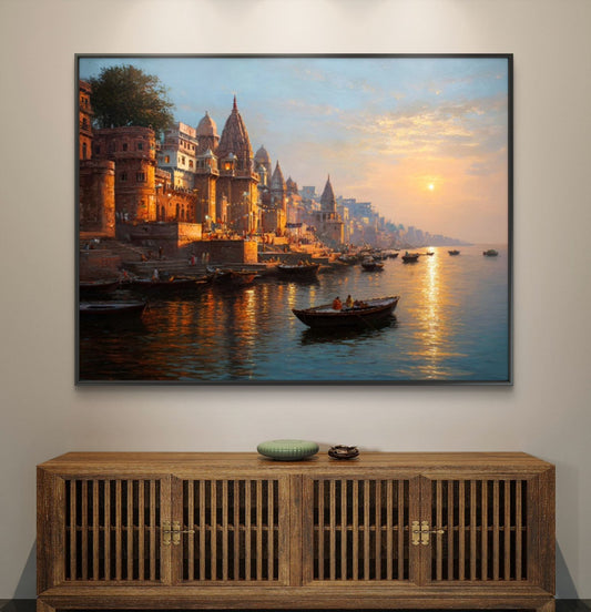 Banaras Ghat Premium Canvas Painting - Canvas Wall Art | Decor By Neon