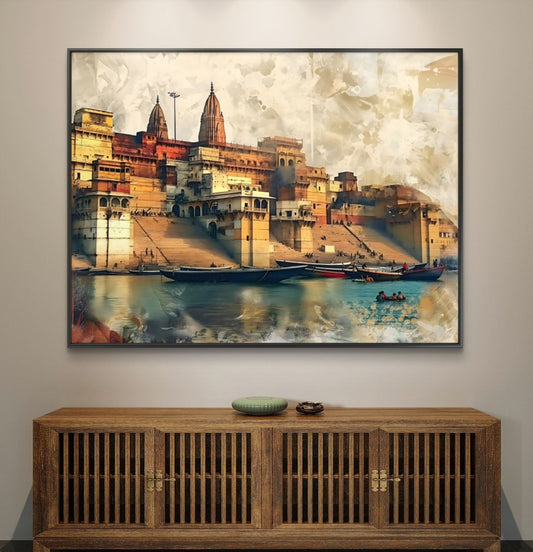 Banaras Ghat Premium Canvas Painting - Canvas Wall Art | Decor By Neon
