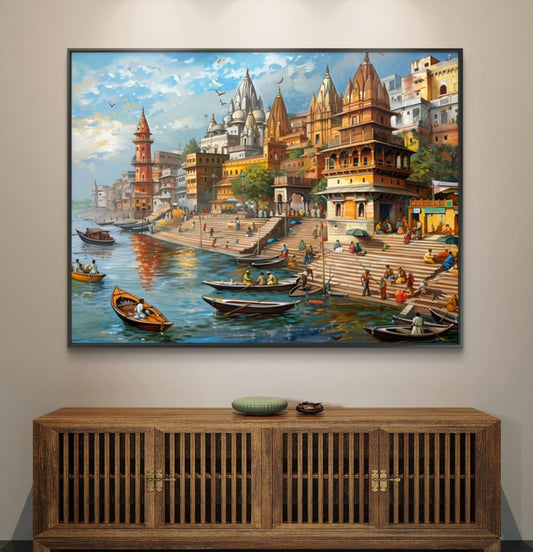 Banaras Ghat Premium Canvas Painting - Canvas Wall Art | Decor By Neon
