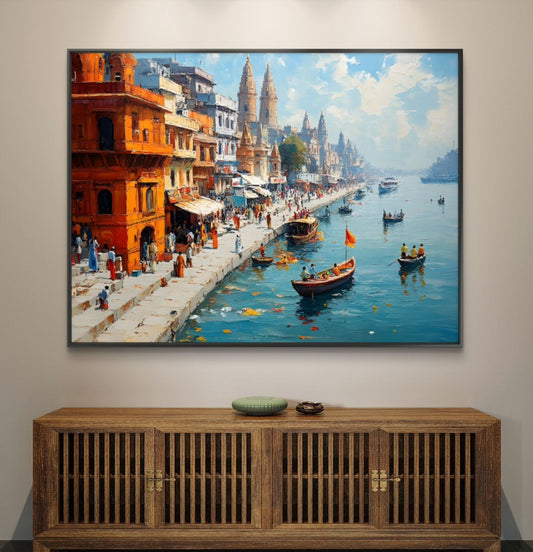 Banaras Ghat Premium Canvas Painting - Canvas Wall Art | Decor By Neon