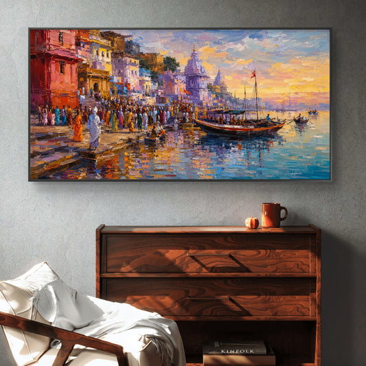 Banaras Ghat Premium Canvas Painting - Canvas Wall Art | Decor By Neon