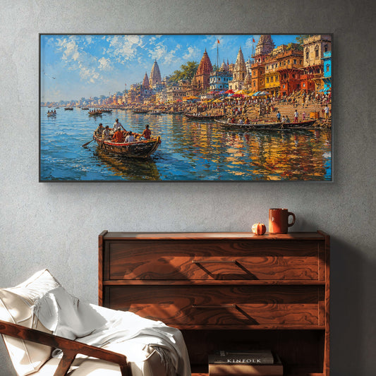 Banaras Ghat Premium Canvas Painting - Canvas Wall Art | Decor By Neon