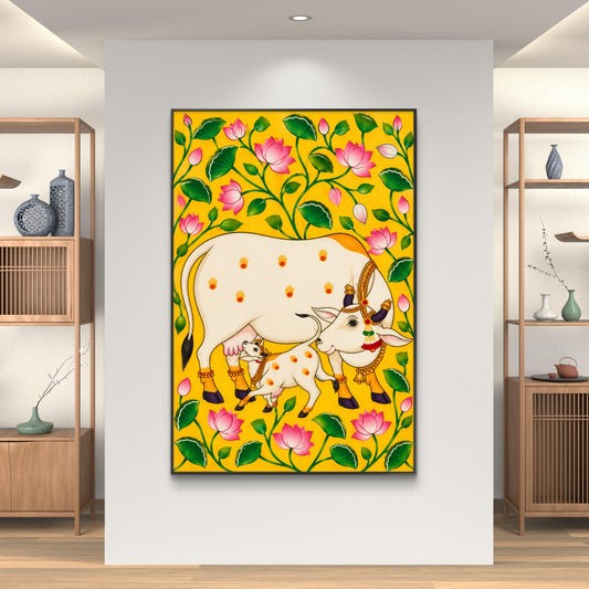 Traditional Pichwai Kamdhenu Cow Premium Canvas Painting - Canvas Wall Art | Decor By Neon