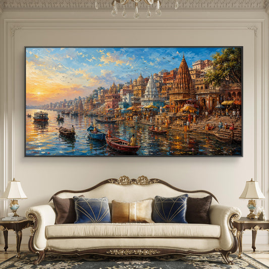 Banaras Ghat Premium Canvas Painting - Canvas Wall Art | Decor By Neon