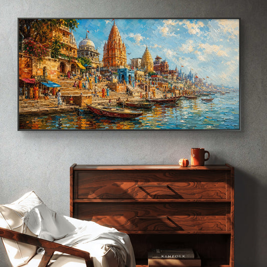 Banaras Ghat Premium Canvas Painting - Canvas Wall Art | Decor By Neon