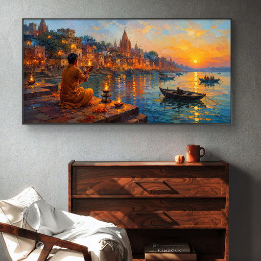 Banaras Ghat Premium Canvas Painting - Canvas Wall Art | Decor By Neon
