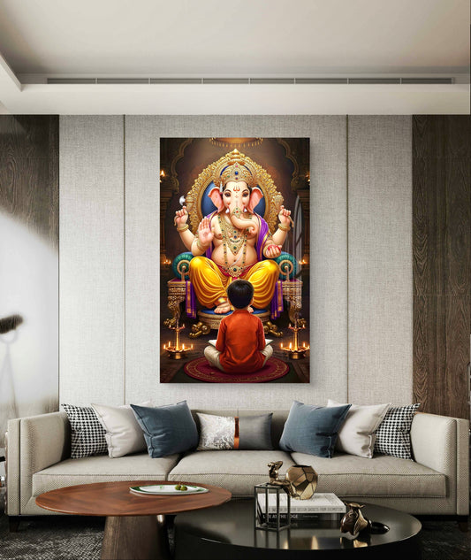 Ganesh Ji with Devotee Premium Acrylic Wall Art for Home & Temple Decor