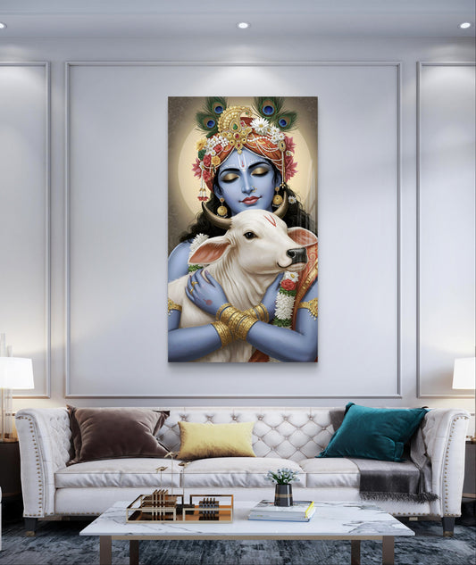 Lord Krishna with Cow Premium Acrylic Wall Art for Home & Temple Decor