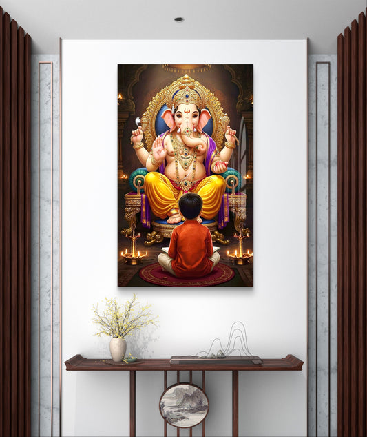 Ganesh Ji with Devotee Premium Acrylic Wall Art for Home & Temple Decor