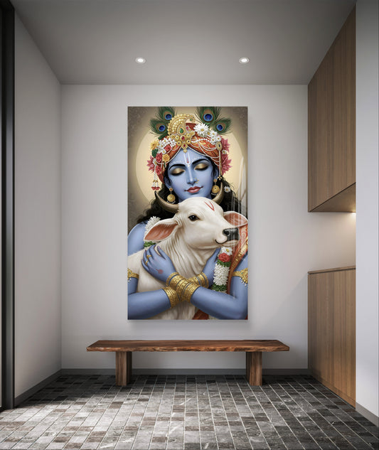 Lord Krishna with Cow Premium Acrylic Wall Art for Home & Temple Decor