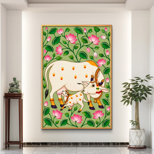 Traditional Pichwai Kamdhenu Cow Premium Canvas Painting - Premium Wall Art | Decor By Neon