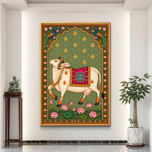 Traditional Pichwai Kamdhenu Cow Premium Canvas Painting - Premium Wall Art | Decor By Neon