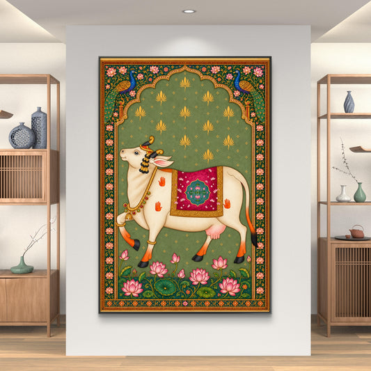 Traditional Pichwai Kamdhenu Cow Premium Canvas Painting - Canvas Wall Art | Decor By Neon