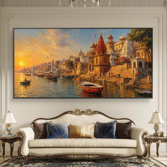 Banaras Ghat Premium Canvas Painting - Canvas Wall Art | Decor By Neon