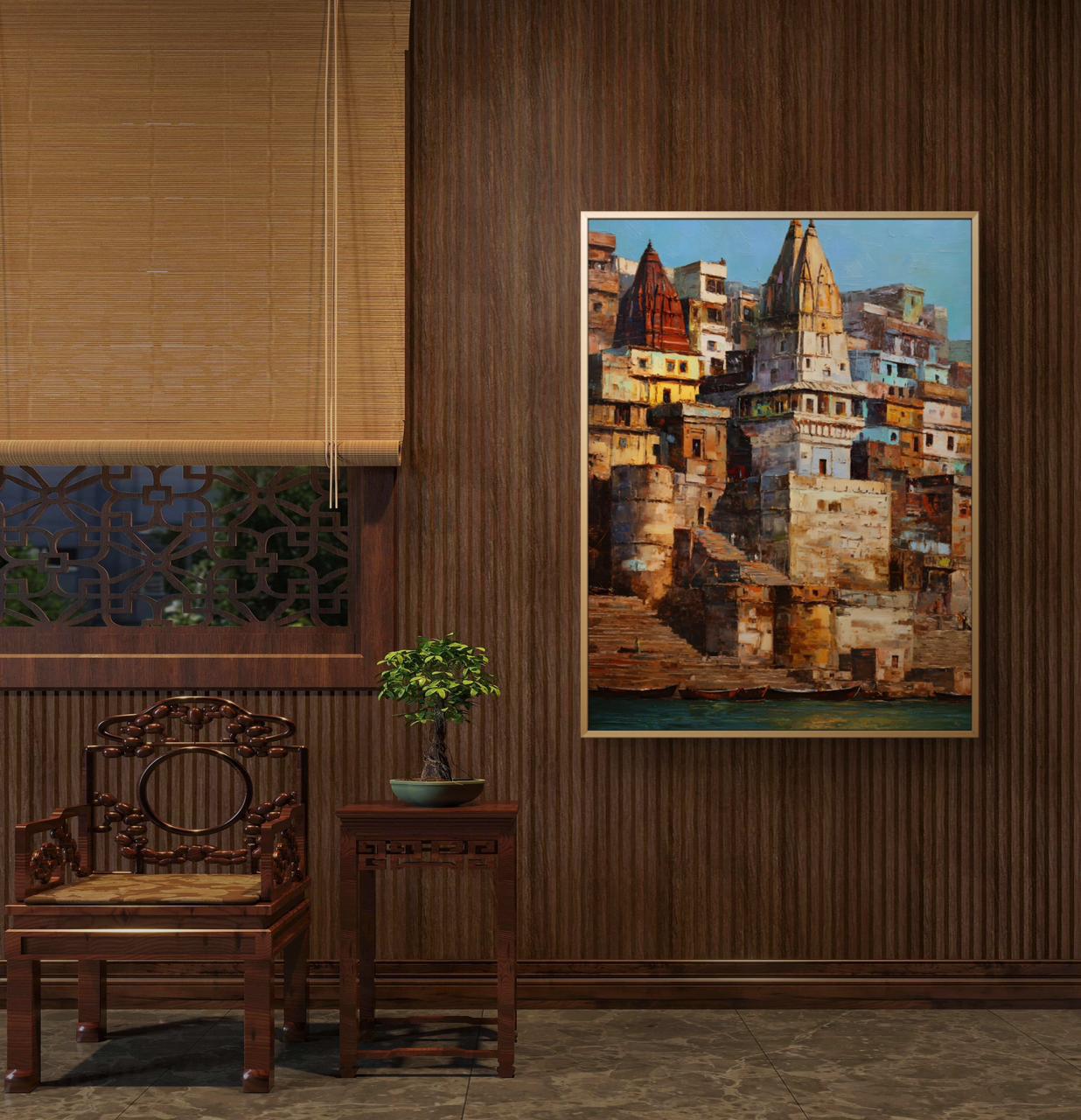 Banaras Ghat Premium Canvas Painting - Buy Online | Decor By Neon