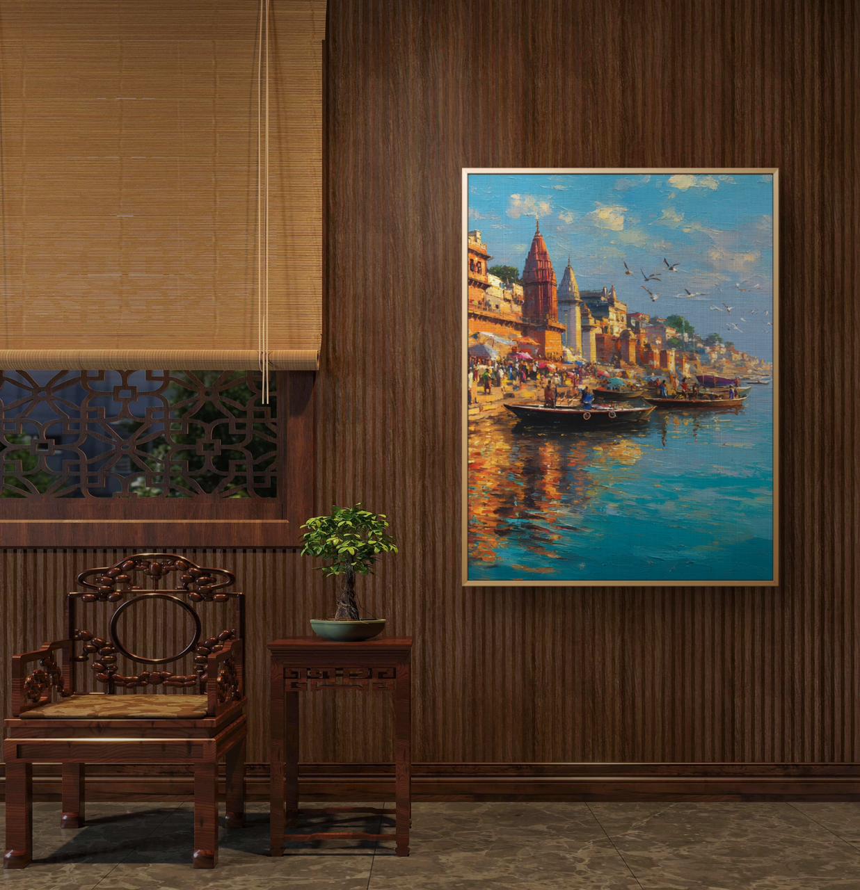 Banaras Ghat Premium Canvas Painting - Buy Online | Decor By Neon
