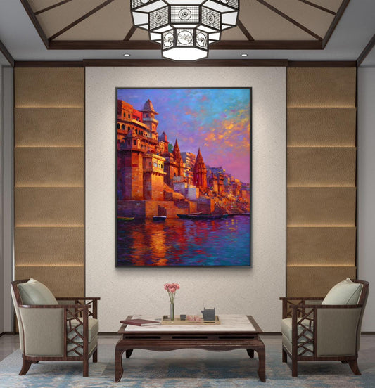 Banaras Ghat Premium Canvas Painting - Canvas Wall Art | Decor By Neon