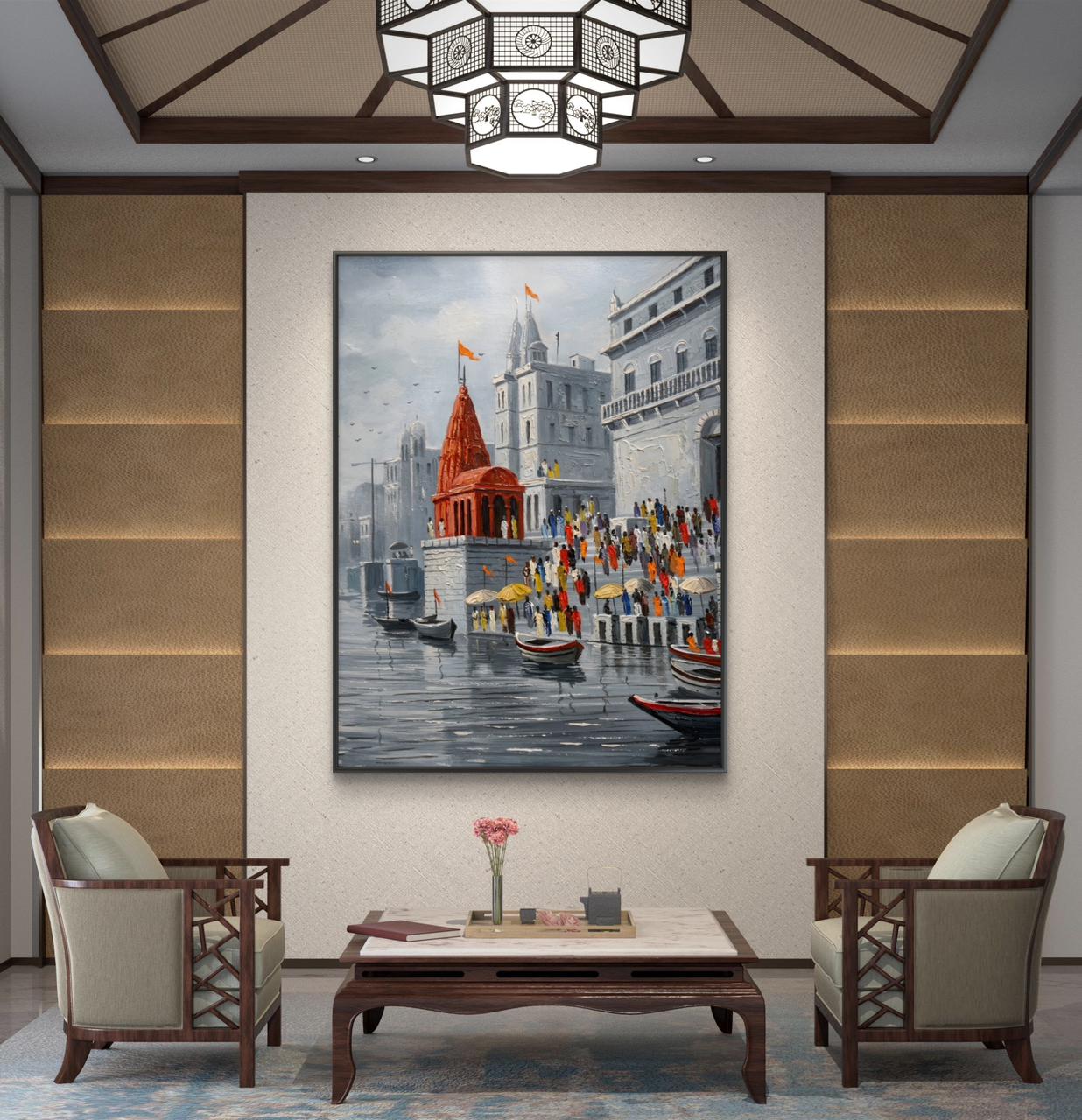 Banaras Ghat Premium Canvas Painting - Buy Online | Decor By Neon