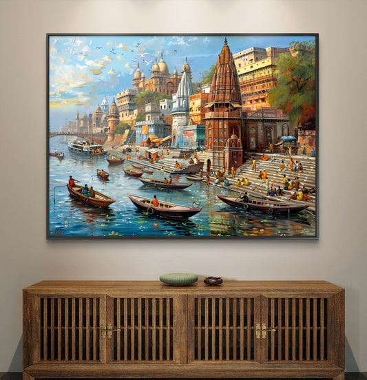 Banaras Ghat Premium Canvas Painting - Canvas Wall Art | Decor By Neon