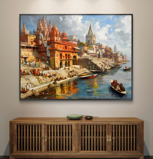 Banaras Ghat Premium Canvas Painting - Canvas Wall Art | Decor By Neon