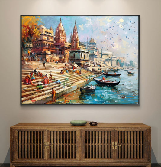 Banaras Ghat Premium Canvas Painting - Canvas Wall Art | Decor By Neon
