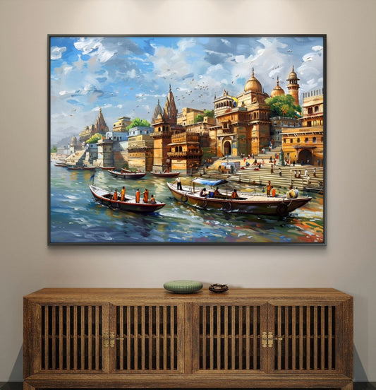 Banaras Ghat Premium Canvas Painting - Canvas Wall Art | Decor By Neon