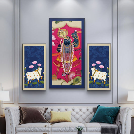 Traditional Pichwai Shrinath ji Set of 3 Premium Canvas Painting - Canvas Wall Art | Decor By Neon