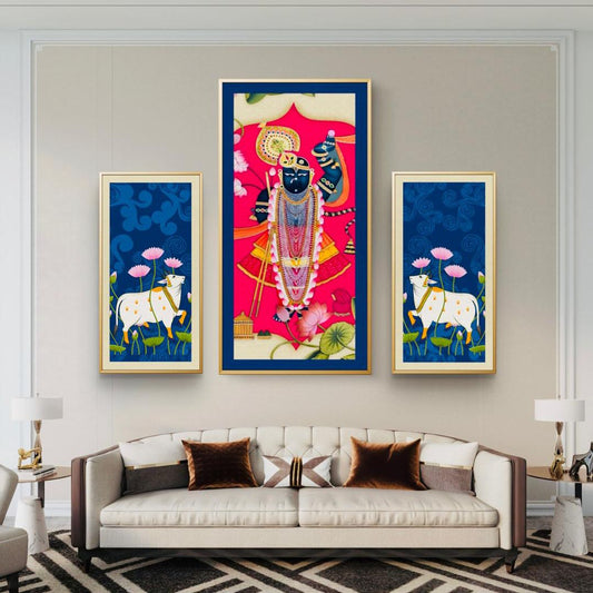Traditional Pichwai Shrinath ji Set of 3 Premium Canvas Painting - Premium Wall Art | Decor By Neon